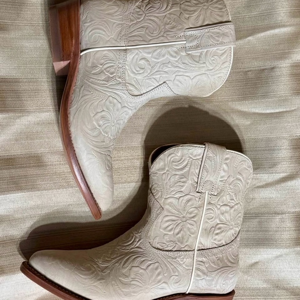 Frye Billy Short Ivory Floral Embossed Ankle Boots